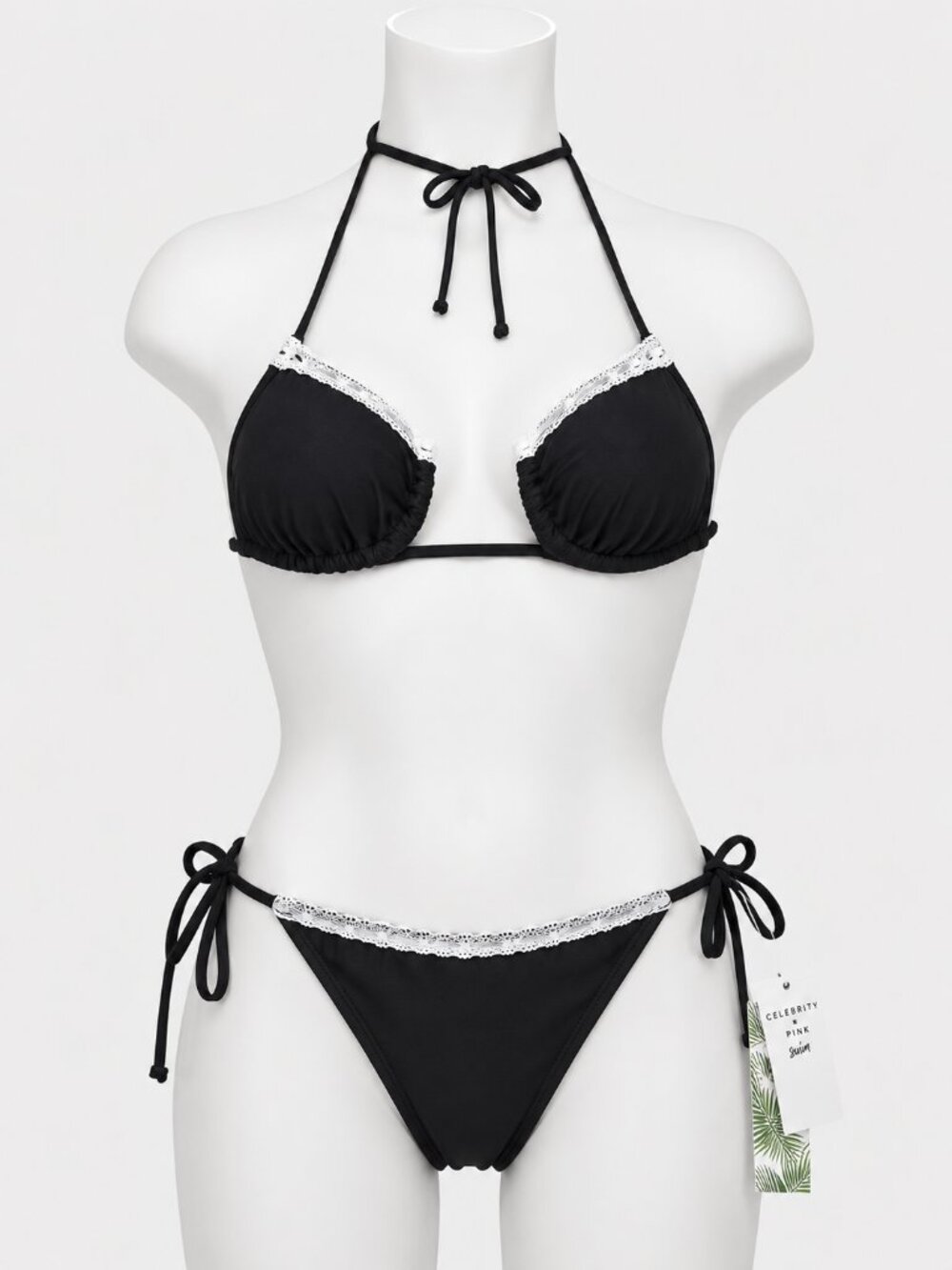 Celebrity Pink Black Lace Trim Bikini Set XS 0-2 Tie Side Swimwear NWT